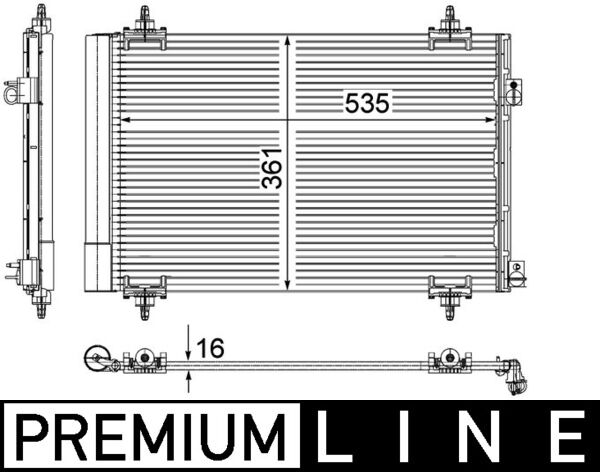 AC587000P, Kondenzátor, klimatizace, Klimatizace různé, Klimatizace různé, MAHLE, 09005283, 350203721000, 351309351, 35610, 6455HJ, 888-0400334, 940105, CN5283, 350203721002, 8FC351309-351, 94826, 96.825.316.80, CNA5283