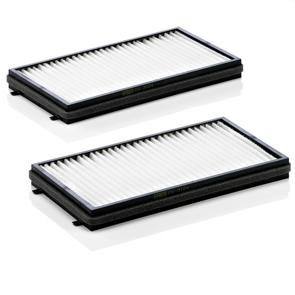 CU 3124-2, Filter, interior air, Cabin filter, MANN-FILTER, 64116921018, 64316379959, 64316904638, 0986AF4291, 1457, 17155F-X2, 20-30-1006, 20921650, 21651, 21652848, 3123190012/S, 458FCouple, 50013771, 698856, 8300155F-X2, 831194N, AH594-2, CF10937-2, CUK3124-2, DCF064P, E1920LI, EKF288, FC134x2, GB-9899, JLR7121, K1165-2x, LA173/S, MP111-2, PC8449-2, PU1190E